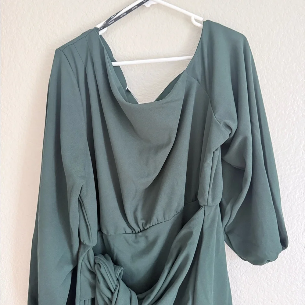 City Chic Plus Size Alysia Tie Front One-Shoulder Midi Dress Forest Green - Picture 4 of 5